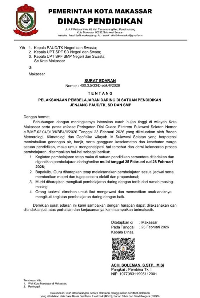 Antisipasi Cuaca Buruk, Disdik Makassar Keluarkan SE Belajar dari Rumah